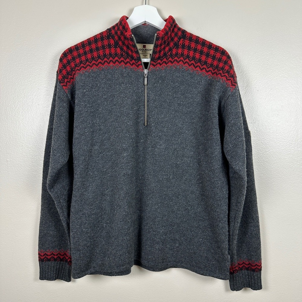 Woolrich Women's M Quarter Zip Sweater Charcoal Gray Lambswool Plaid